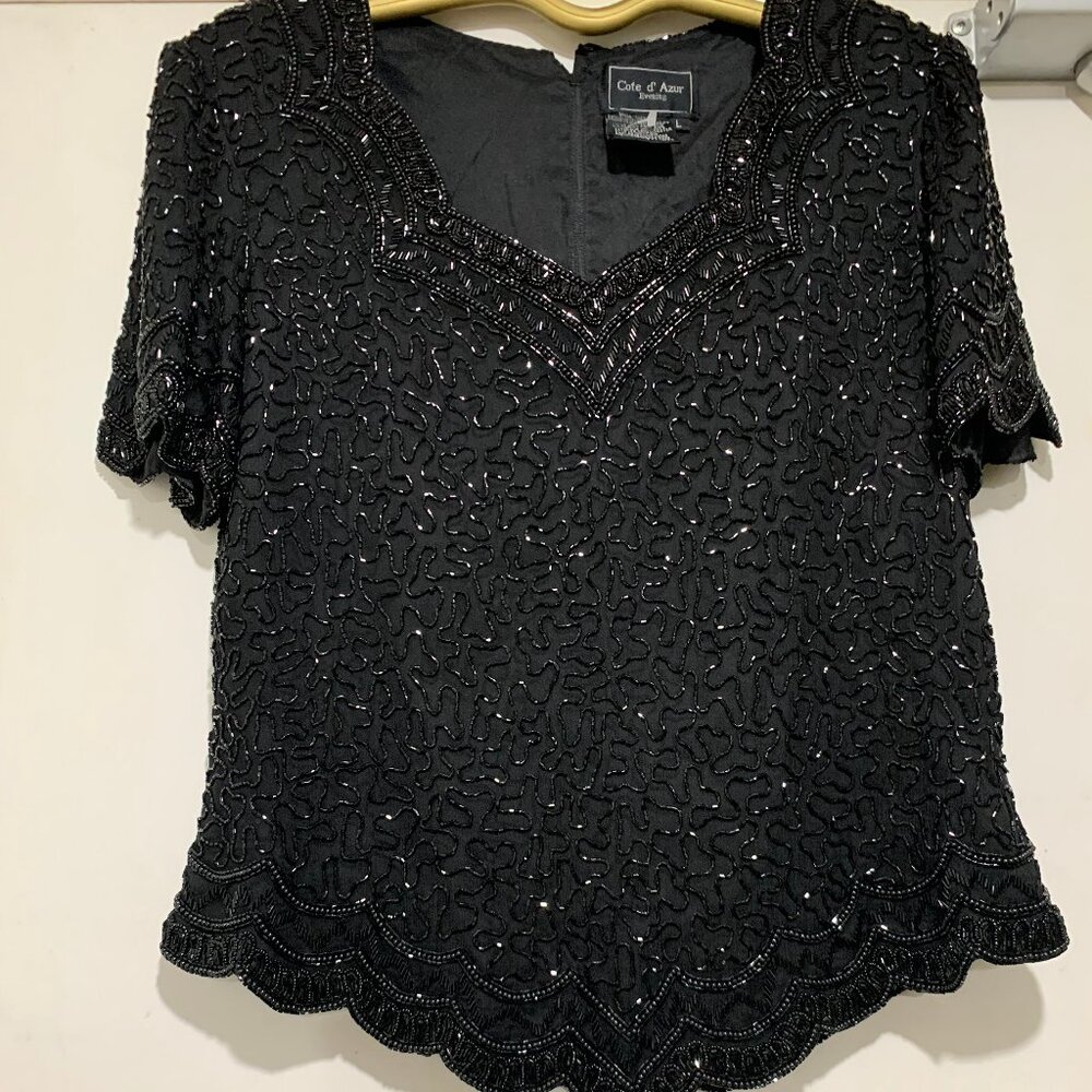 VINTAGE COTE d' AZUR SILK BEADED WAIST LENGTH SHORT SLEEVE BLOUSES SIZE L